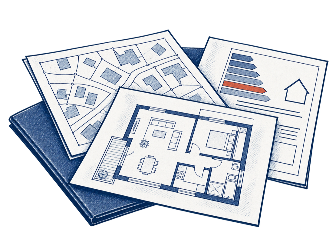 Illustration of floor plans, cadastral information and an energy certificate